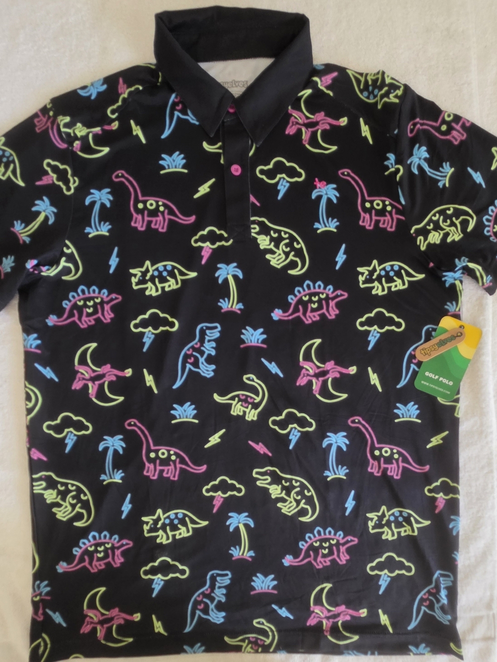 Tipsy Elves Neon Dinosaur Golf Polo Shirt NWT